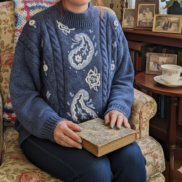 Lord Isaacs Sweaters - LORD ISAACS vintage cable knit sweater, embroidered paisley, size L